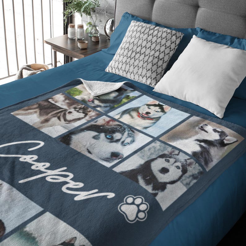 Dog Cat Picture Bedding Blanket With Text, Customized Name Photo Blanket Collage, Memorial Pet Face Loss Keepsake Gift - (BLANKET-1 DOG)