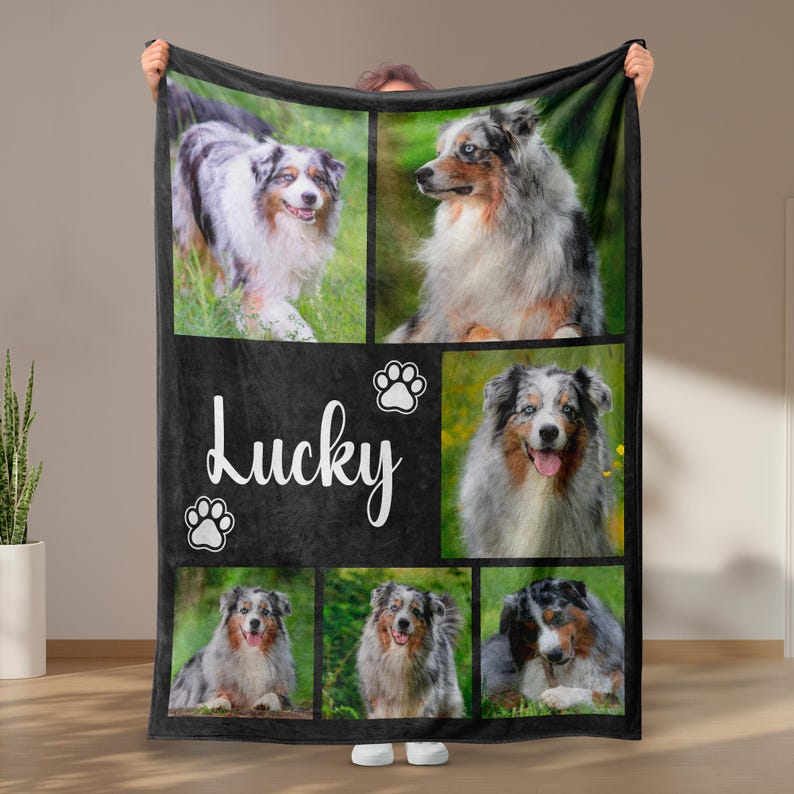 Custom Pet Photo Blanket, Personalized Dog Picture Throw, Pet Memorial Gift With Name, Dog Lover Keepsake Gift, Cat Photo Collage Blanket