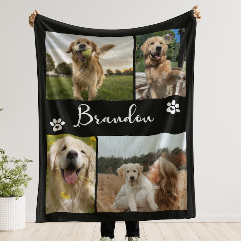 Custom Pet Photo Blanket, Personalized Dog Picture Throw, Pet Memorial Gift With Name, Dog Lover Keepsake Gift, Cat Photo Collage Blanket