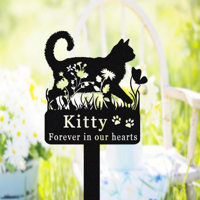 Custom Cat Memorial Stake,Cat Grave Marker,Metal Cat Garden Stake with Flowers,Personalized Cat Loss Gift,Cat Garden Decor,Cat Yard Stake