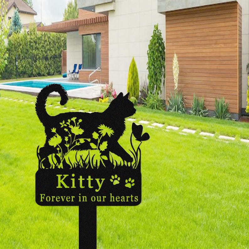 Custom Cat Memorial Stake,Cat Grave Marker,Metal Cat Garden Stake with Flowers,Personalized Cat Loss Gift,Cat Garden Decor,Cat Yard Stake