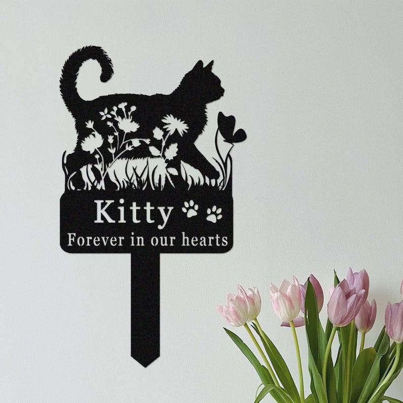 Custom Cat Memorial Stake,Cat Grave Marker,Metal Cat Garden Stake with Flowers,Personalized Cat Loss Gift,Cat Garden Decor,Cat Yard Stake