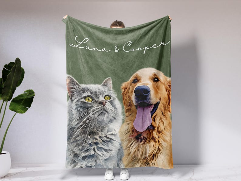 Custom Pet Photo Blanket With Names, Personalized Dog Cat Portrait Blanket, Pet Lover Gift, Fleece Pet Memorial Gift For Dog Cat Owner