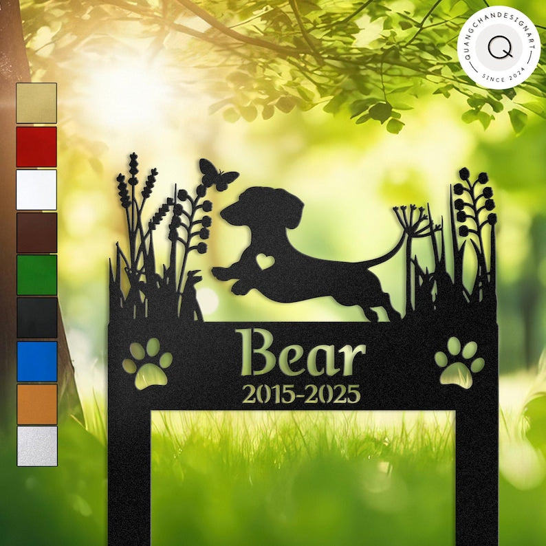 Custom Dachshund Dog Memorial Garden Stake, Personalized Pet Grave Marker, Outdoor Tribute for Sausage Dog Lovers, Metal Garden Decor