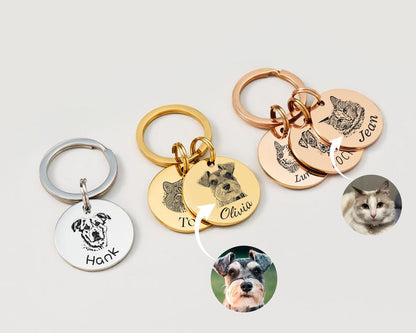 Custom Engraved Pet Portrait Keychain,Personalized Dog and Cat Image Memorial Tag,Stainless Steel Sketch Keyring,Unique Gift for Pet Lovers