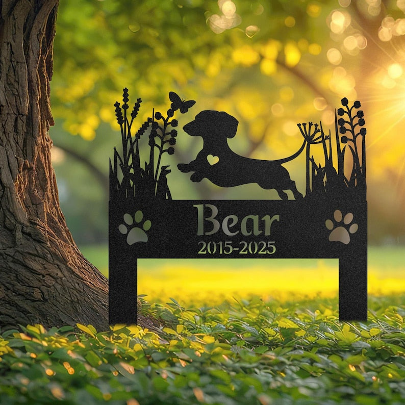 Custom Dachshund Dog Memorial Garden Stake, Personalized Pet Grave Marker, Outdoor Tribute for Sausage Dog Lovers, Metal Garden Decor