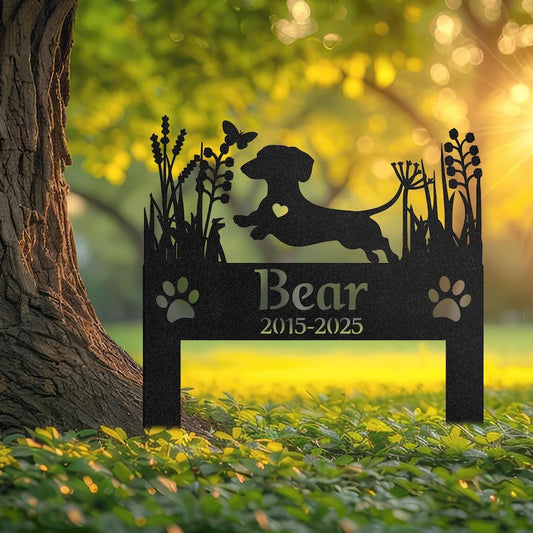 Custom Dachshund Dog Memorial Garden Stake, Personalized Pet Grave Marker, Outdoor Tribute for Sausage Dog Lovers, Metal Garden Decor