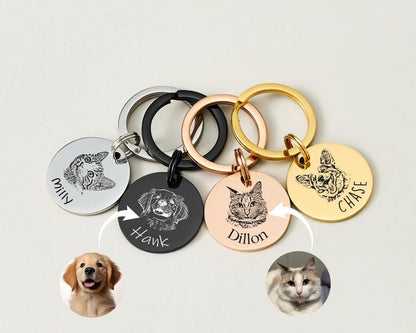 Custom Engraved Pet Portrait Keychain,Personalized Dog and Cat Image Memorial Tag,Stainless Steel Sketch Keyring,Unique Gift for Pet Lovers