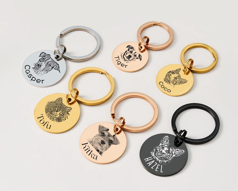 Custom Engraved Pet Portrait Keychain,Personalized Dog and Cat Image Memorial Tag,Stainless Steel Sketch Keyring,Unique Gift for Pet Lovers
