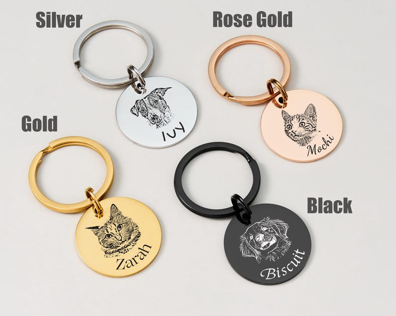 Custom Engraved Pet Portrait Keychain,Personalized Dog and Cat Image Memorial Tag,Stainless Steel Sketch Keyring,Unique Gift for Pet Lovers