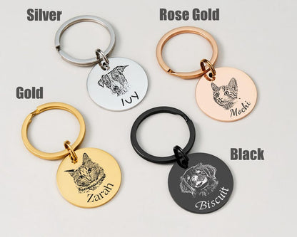 Custom Engraved Pet Portrait Keychain,Personalized Dog and Cat Image Memorial Tag,Stainless Steel Sketch Keyring,Unique Gift for Pet Lovers