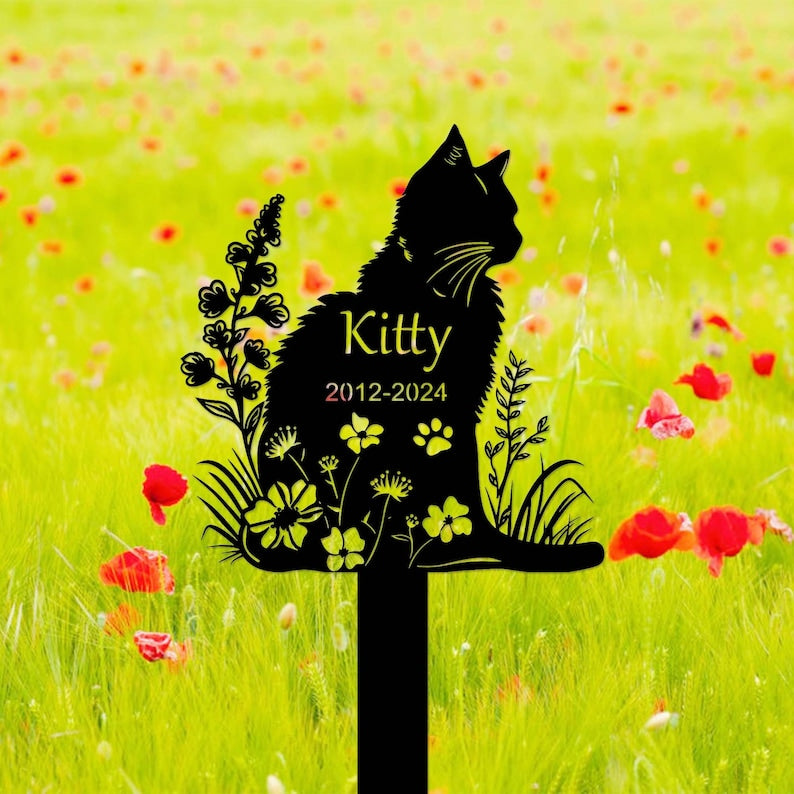 Personalized Metal Cat Grave Marker,Cat Memorial Stake with Flowers,Custom Cat Cemetery Stake,Cat Garden Stake,Cat Garden Decor,Loss of Cat