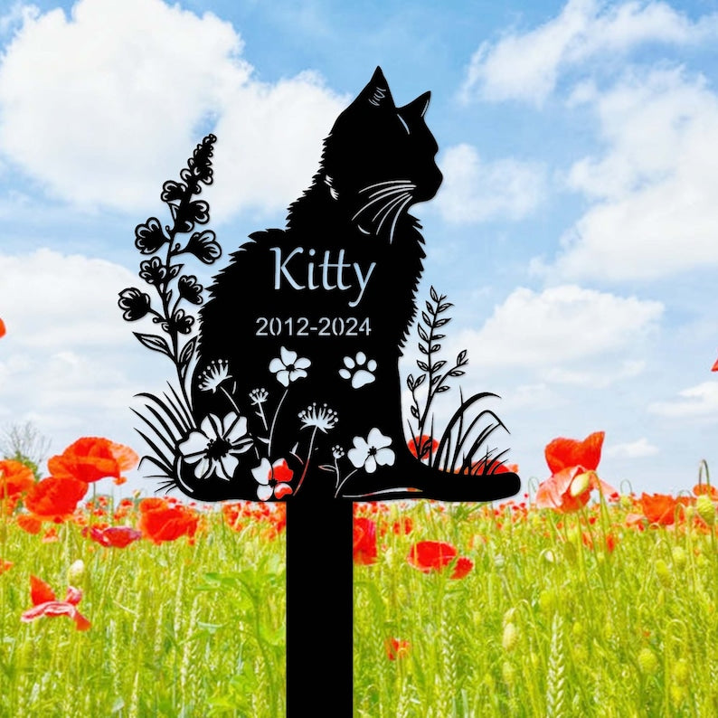 Personalized Metal Cat Grave Marker,Cat Memorial Stake with Flowers,Custom Cat Cemetery Stake,Cat Garden Stake,Cat Garden Decor,Loss of Cat