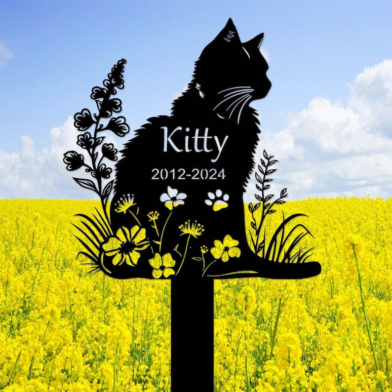 Personalized Metal Cat Grave Marker,Cat Memorial Stake with Flowers,Custom Cat Cemetery Stake,Cat Garden Stake,Cat Garden Decor,Loss of Cat