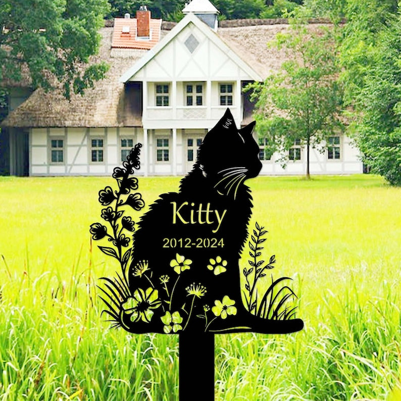 Personalized Metal Cat Grave Marker,Cat Memorial Stake with Flowers,Custom Cat Cemetery Stake,Cat Garden Stake,Cat Garden Decor,Loss of Cat