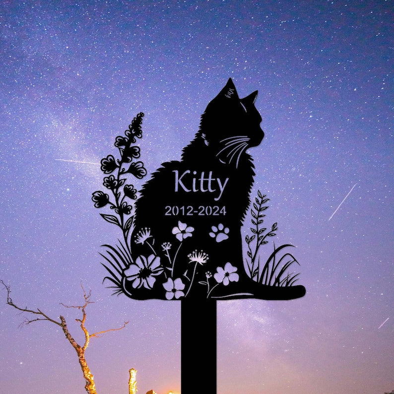 Personalized Metal Cat Grave Marker,Cat Memorial Stake with Flowers,Custom Cat Cemetery Stake,Cat Garden Stake,Cat Garden Decor,Loss of Cat