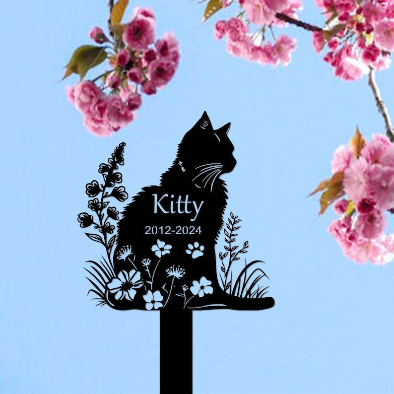 Personalized Metal Cat Grave Marker,Cat Memorial Stake with Flowers,Custom Cat Cemetery Stake,Cat Garden Stake,Cat Garden Decor,Loss of Cat