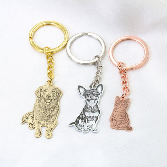 Custom Dog Photo Keychain, Cat Picture Keychains, Personalized Engraved Pet Portrait Key Chain, Key Ring for Pet Loss, Dog Memorial Gift