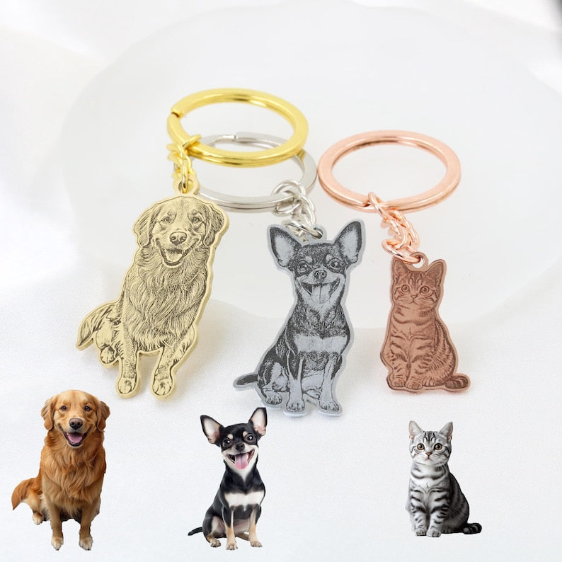 Custom Dog Photo Keychain, Cat Picture Keychains, Personalized Engraved Pet Portrait Key Chain, Key Ring for Pet Loss, Dog Memorial Gift