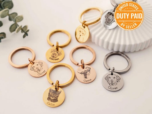 Engraved Pet Portrait Keychain: Personalized Dog Memorial Gift
