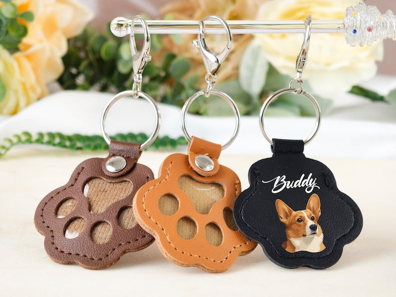 Personalized Pet Portrait Keychain, Fur Memorial, Paw Print Leather Pouch