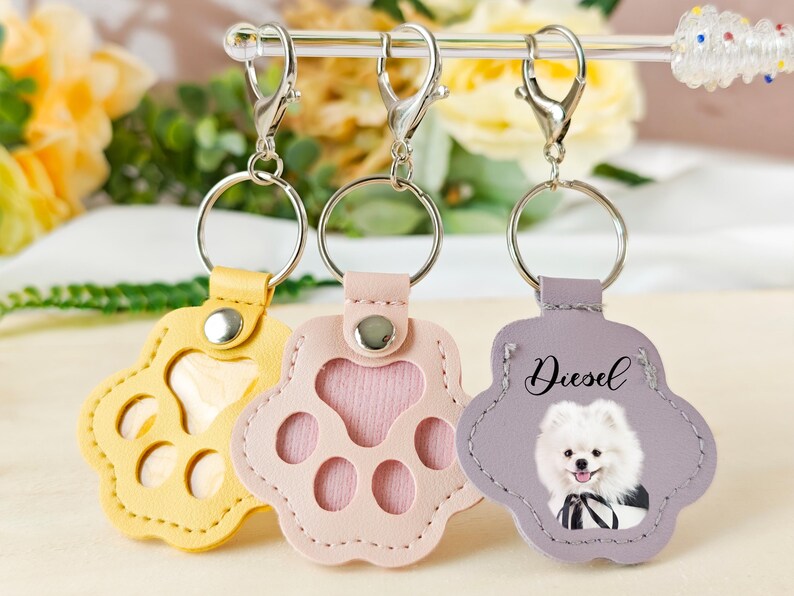 Personalized Pet Portrait Keychain, Fur Memorial, Paw Print Leather Pouch
