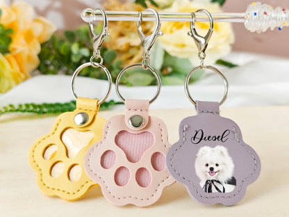 Personalized Pet Portrait Keychain, Fur Memorial, Paw Print Leather Pouch