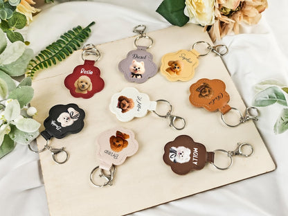 Personalized Pet Portrait Keychain, Fur Memorial, Paw Print Leather Pouch