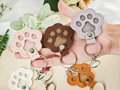 Personalized Pet Portrait Keychain, Fur Memorial, Paw Print Leather Pouch