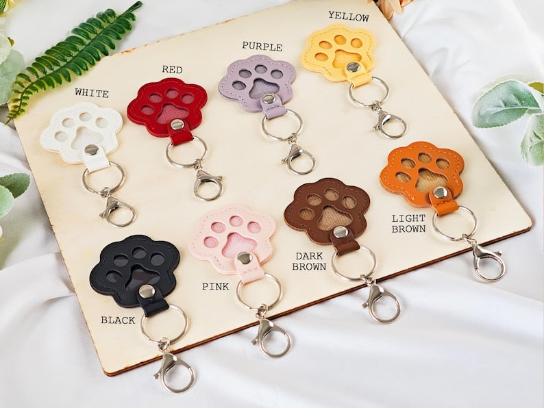 Personalized Pet Portrait Keychain, Fur Memorial, Paw Print Leather Pouch