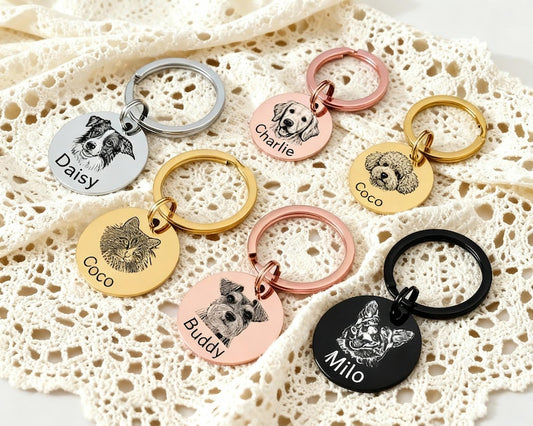 Personalized Dog and Cat Memorial Tag,Engraved Pet Portrait Keychain, Stainless Steel Custom Sketch Keyring, Christmas gift for Pet Owners