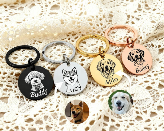 Personalized Dog and Cat Memorial Tag,Engraved Pet Portrait Keychain, Stainless Steel Custom Sketch Keyring, Christmas gift for Pet Owners