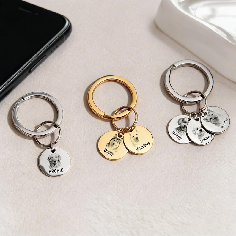 Personalized Dog and Cat Memorial Tag,Engraved Pet Portrait Keychain, Stainless Steel Custom Sketch Keyring, Christmas gift for Pet Owners