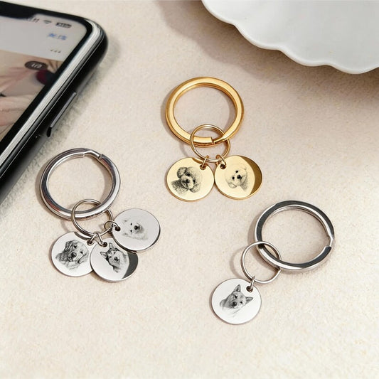 Personalized Dog and Cat Memorial Tag,Engraved Pet Portrait Keychain, Stainless Steel Custom Sketch Keyring, Christmas gift for Pet Owners