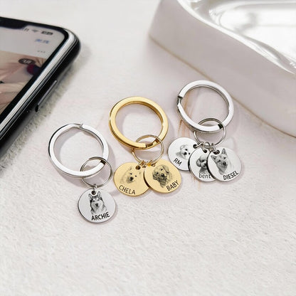 Personalized Dog and Cat Memorial Tag,Engraved Pet Portrait Keychain, Stainless Steel Custom Sketch Keyring, Christmas gift for Pet Owners