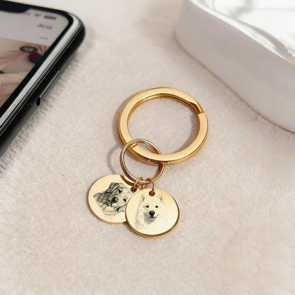 Personalized Dog and Cat Memorial Tag,Engraved Pet Portrait Keychain, Stainless Steel Custom Sketch Keyring, Christmas gift for Pet Owners