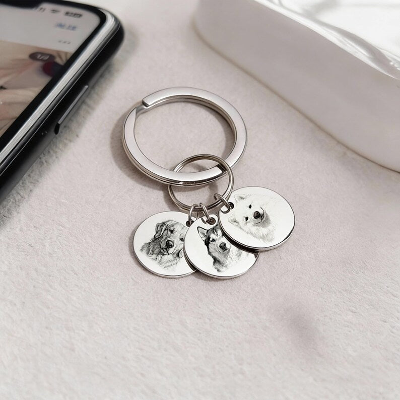Personalized Dog and Cat Memorial Tag,Engraved Pet Portrait Keychain, Stainless Steel Custom Sketch Keyring, Christmas gift for Pet Owners