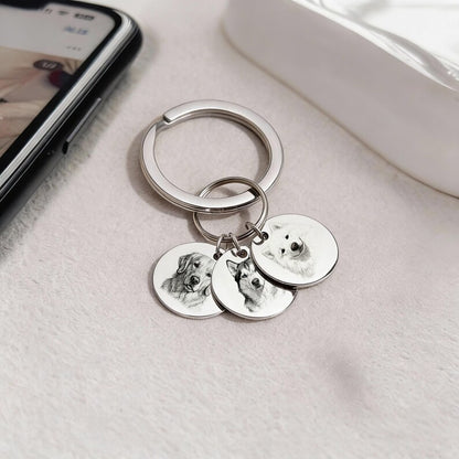 Personalized Dog and Cat Memorial Tag,Engraved Pet Portrait Keychain, Stainless Steel Custom Sketch Keyring, Christmas gift for Pet Owners