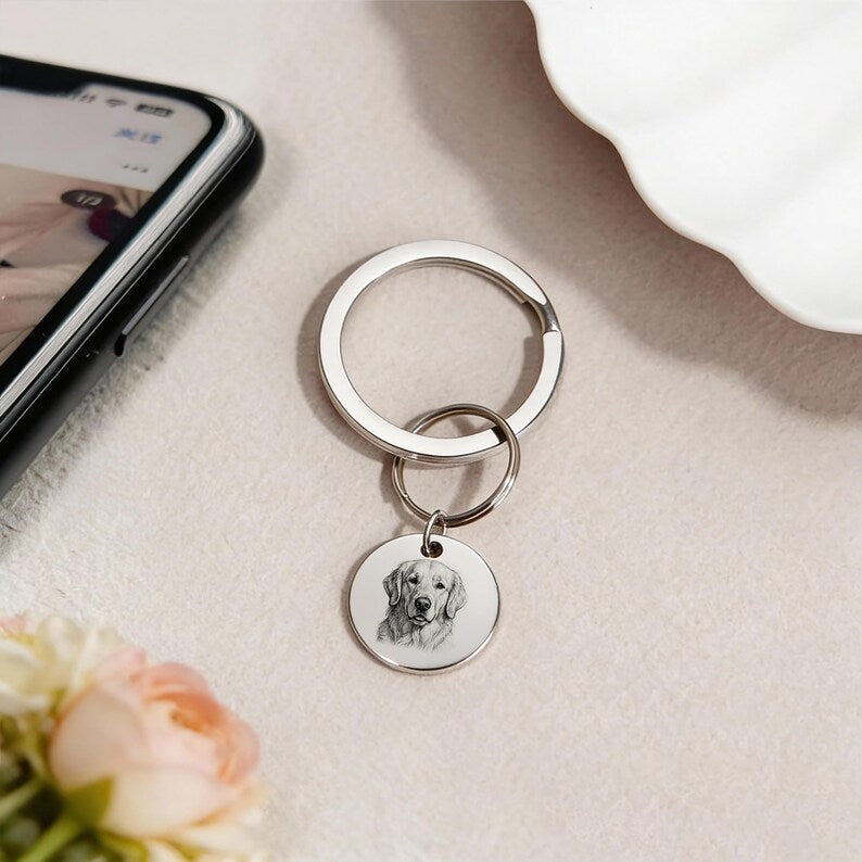 Personalized Dog and Cat Memorial Tag,Engraved Pet Portrait Keychain, Stainless Steel Custom Sketch Keyring, Christmas gift for Pet Owners