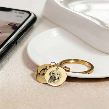 Personalized Dog and Cat Memorial Tag,Engraved Pet Portrait Keychain, Stainless Steel Custom Sketch Keyring, Christmas gift for Pet Owners