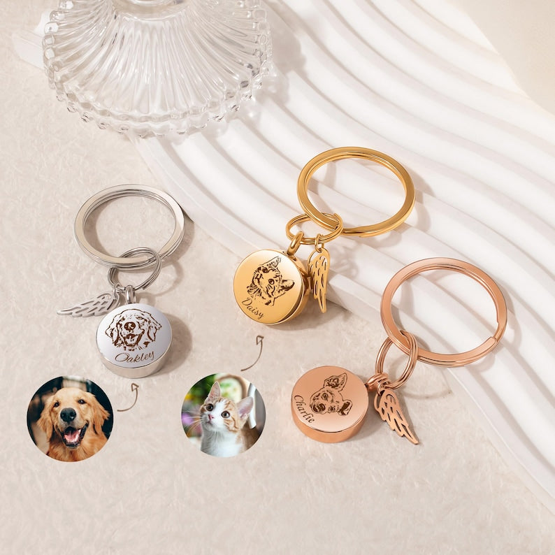 Urn Keychain for Pets Ashes - Custom Pet Portrait Ashes Keychain - Pet Loss Gift - Personalized Dog Cat Memorial Keychain with Angel Wing
