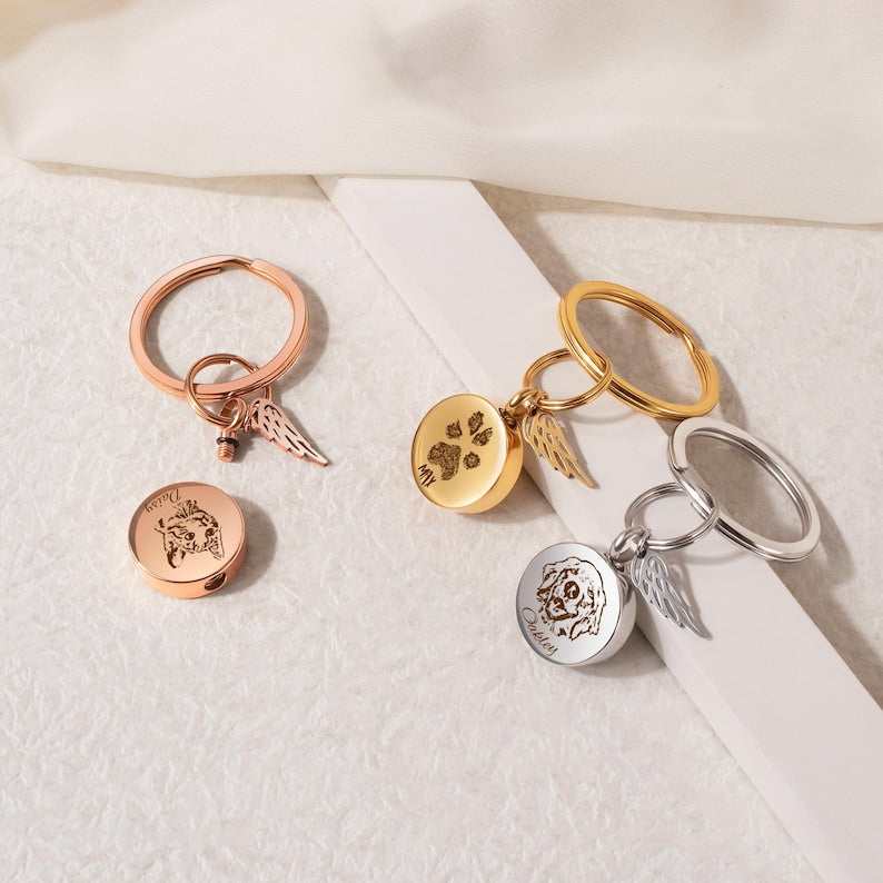 Urn Keychain for Pets Ashes - Custom Pet Portrait Ashes Keychain - Pet Loss Gift - Personalized Dog Cat Memorial Keychain with Angel Wing
