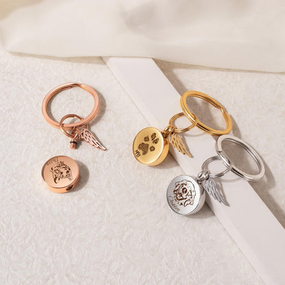 Urn Keychain for Pets Ashes - Custom Pet Portrait Ashes Keychain - Pet Loss Gift - Personalized Dog Cat Memorial Keychain with Angel Wing