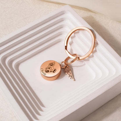 Urn Keychain for Pets Ashes - Custom Pet Portrait Ashes Keychain - Pet Loss Gift - Personalized Dog Cat Memorial Keychain with Angel Wing
