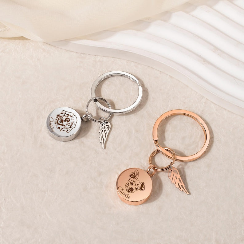Urn Keychain for Pets Ashes - Custom Pet Portrait Ashes Keychain - Pet Loss Gift - Personalized Dog Cat Memorial Keychain with Angel Wing