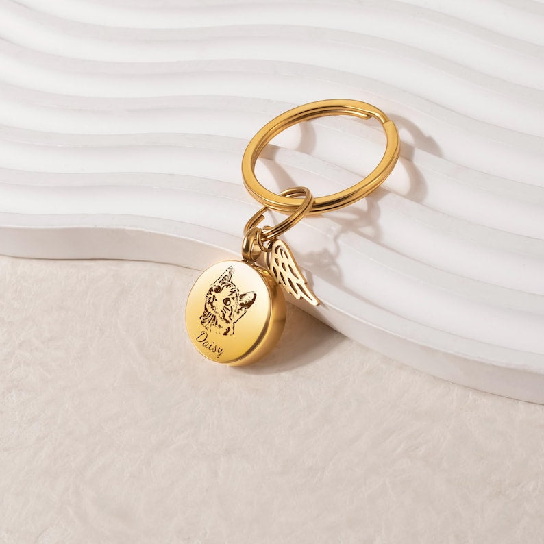 Urn Keychain for Pets Ashes - Custom Pet Portrait Ashes Keychain - Pet Loss Gift - Personalized Dog Cat Memorial Keychain with Angel Wing