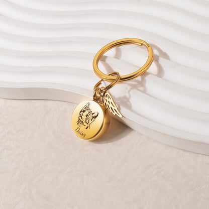 Urn Keychain for Pets Ashes - Custom Pet Portrait Ashes Keychain - Pet Loss Gift - Personalized Dog Cat Memorial Keychain with Angel Wing