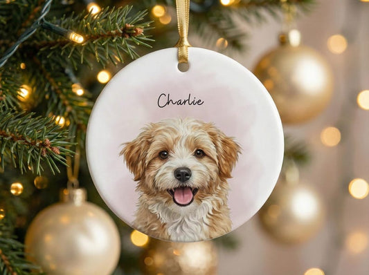 Custom Pet Portrait Christmas Ornament, Personalized Watercolor Style Dog Photo Gift Ceramic Memorial Keepsake for Dog Mom Xmas Ornaments