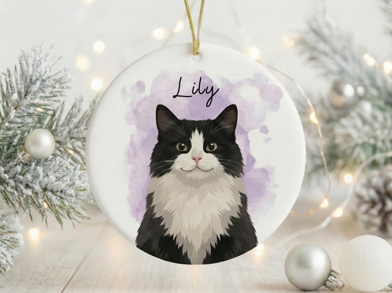 Custom Pet Portrait Christmas Ornament, Personalized Watercolor Style Dog Photo Gift Ceramic Memorial Keepsake for Dog Mom Xmas Ornaments