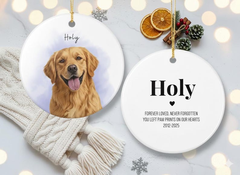 Custom Pet Portrait Christmas Ornament, Personalized Watercolor Style Dog Photo Gift Ceramic Memorial Keepsake for Dog Mom Xmas Ornaments